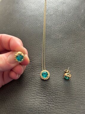 Gold-Tone Teal Crystal Necklace & Stud Earrings Set